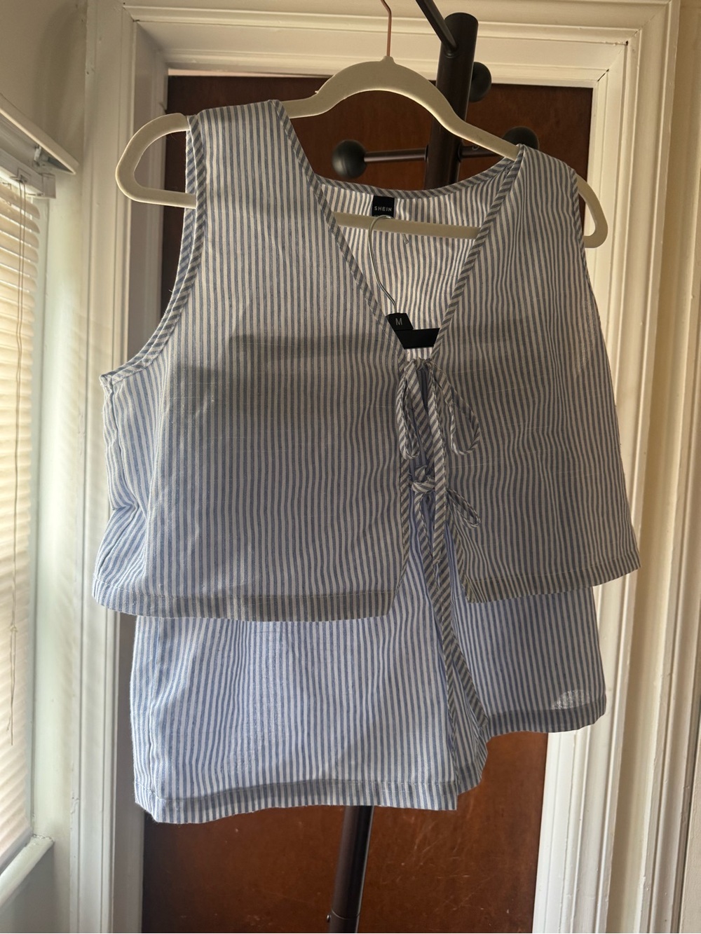 SHEIN Blue and White Striped Tie-Front and shorts set
